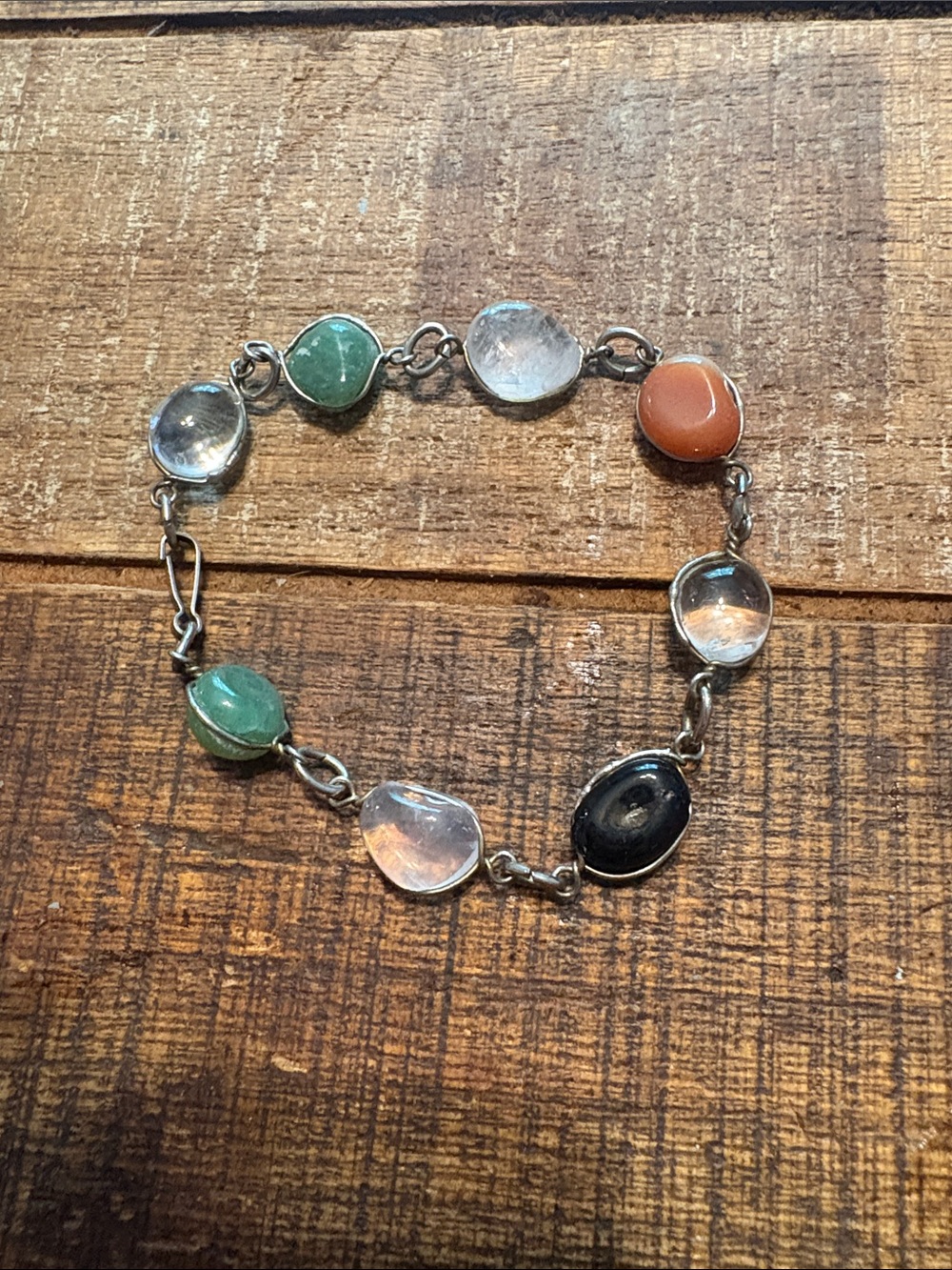 Vintage Natural Gemstone Bracelet in Green, Clear, Black & Orange